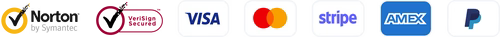 Secure payment methods including Norton, Verisign, Visa, Mastercard, Stripe, American Express, and PayPal